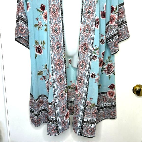 LIVE TO BE SPOILED AQUA FLORAL SEMI-SHEER KIMONO JACKET POP-OVER COVER-UP SIZE S - Picture 3 of 11